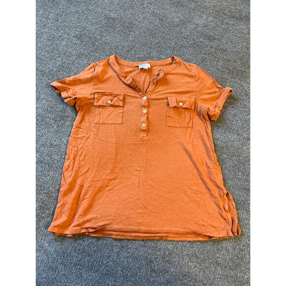 J.Jill Linen Blend Orange Short Sleeve Tunic Top Size M Split Neck Pocket Tee - Picture 2 of 7
